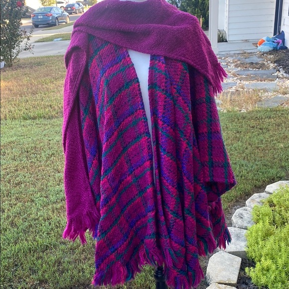Boyne Valley Weavers Sweaters - Vintage Boyne Valley Weavers knit tartan cape Cozy Purple and multi Plaid Shawl